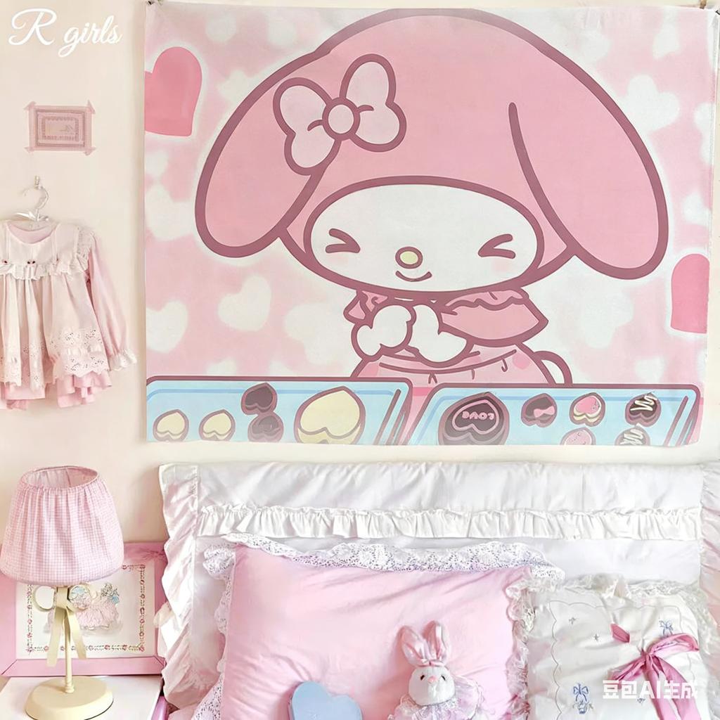 Cute My Melody Tapestry Kawaii Sanrio Bunny Print Wall Hanging for Teen Girl Bedroom Dorm Room Decor Multiple Sizes