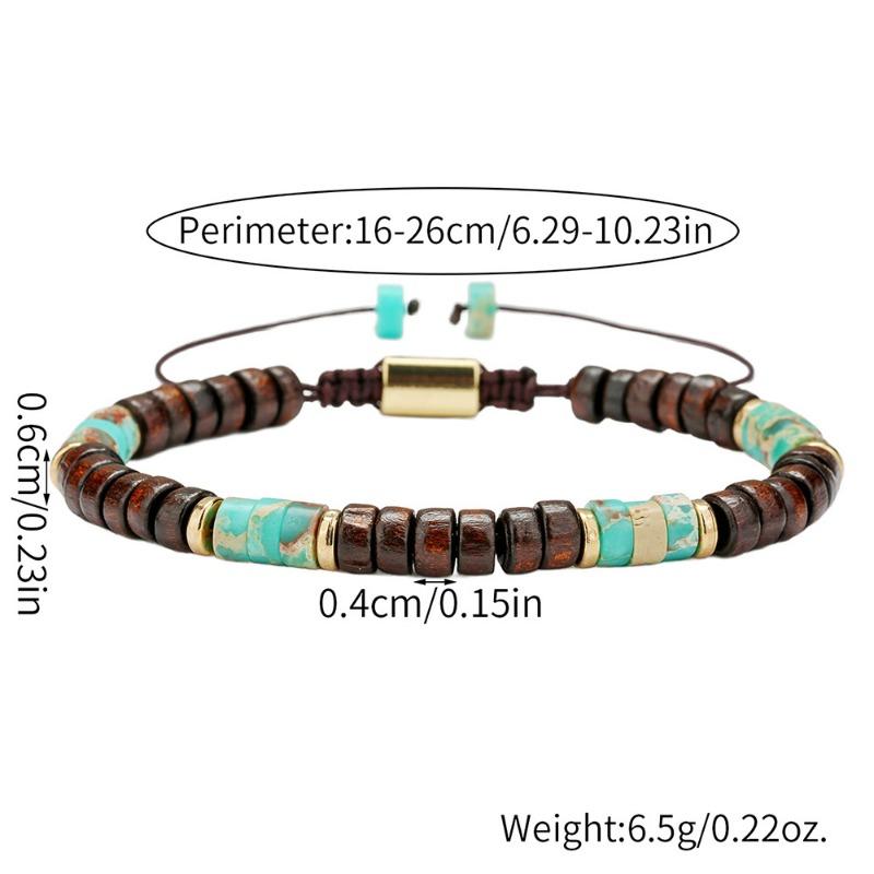 Nastavitelný náramek z dřevěných korálků a tyrkysového kamene – Boho ručně vyráběné šperky inspirované přírodou pro muže i ženy, duchovní dárek