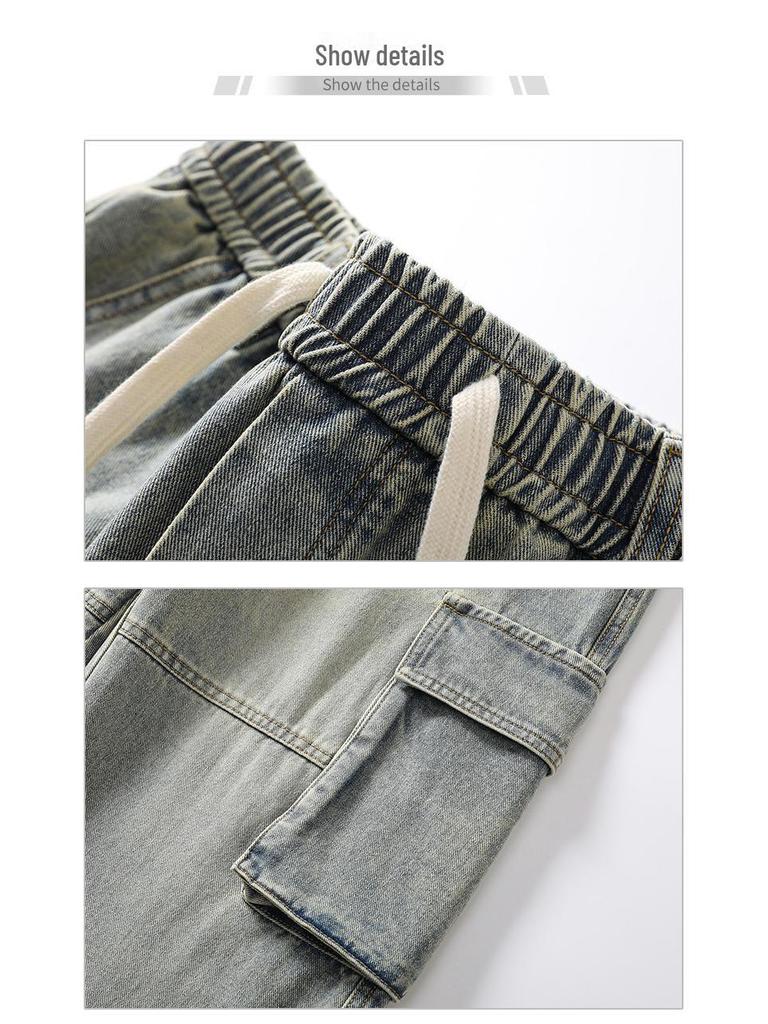 LKTM Men's Japanese Retro Multi-Pocket Workwear Jeans - Loose Straight Wide-Leg Pants