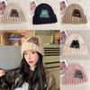 Expression Pattern Embroidery Knit Hat Women Autumn Winter Warm Thick Earmuff For Casual Outdoor Use
