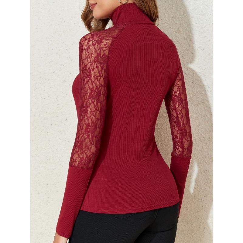 Autumn Winter High Collar Lace Patchwork Sexy Bottomed T-shirt Women Long Sleeve Solid Color Pullover Tee Top