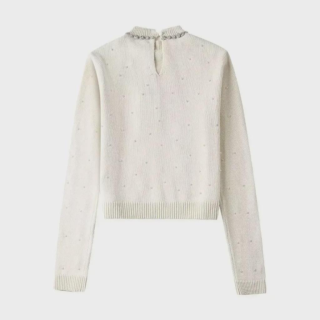 2024 Spring Women's Fashion Round Neck Sweater with Pearl Decor
