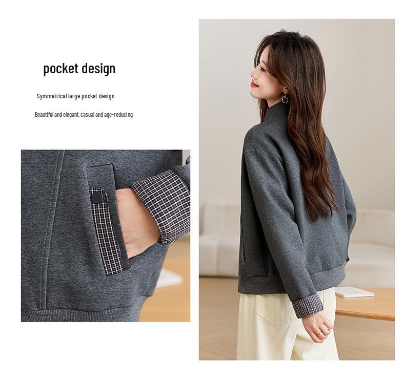 Damen 2025 Kariertes Patchwork Stehkragen Frühlingsjacke - Vielseitiges Lässiges Mode Sweatshirt Oberteil