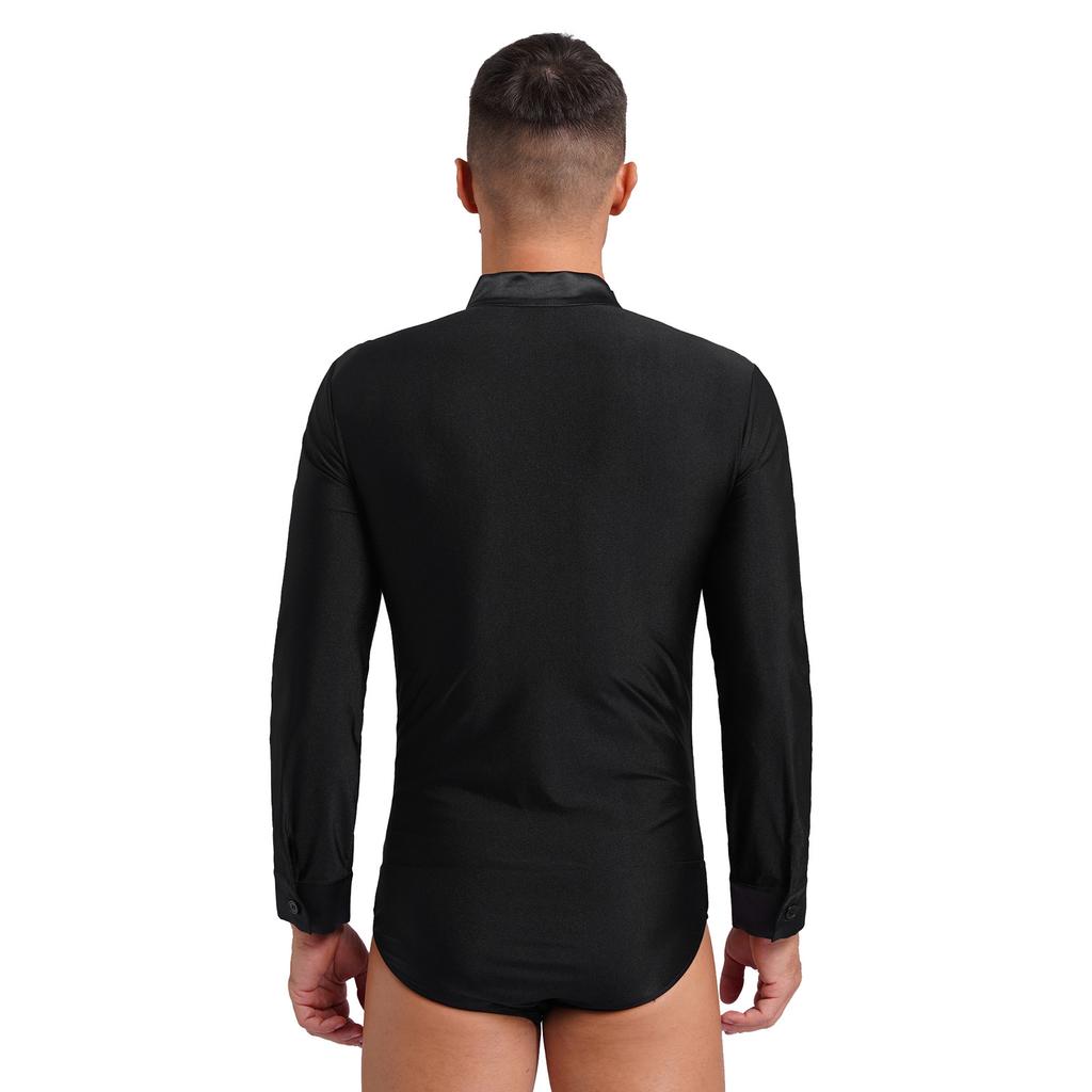 Men's Latin Dance Leotard - Glittery Rhinestones V Neck Long Sleeve Satin Patchwork Bodysuit for Performance