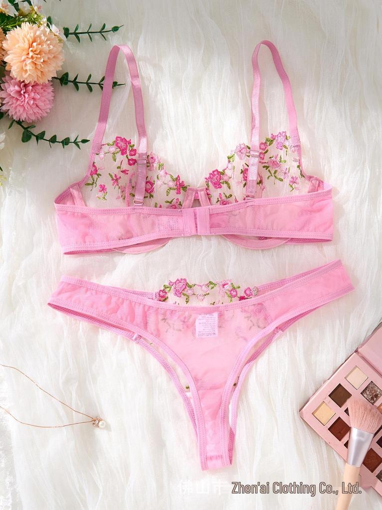 Květinová vyšívaná síťovaná push-up souprava spodního prádla pro ženy