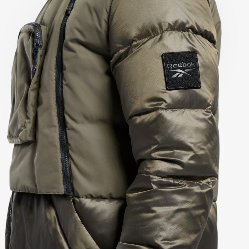 Reebok Pánská ležérní outdoorová sportovní teplá péřová bunda s kapucí Vojenská zelená GR8944