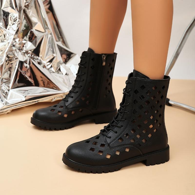 Fashion Spring New Cool Boots Women's Round Head Hollow Front Lacing Side Zipper Soft Sole Anti-slip Wear-resistant Low Heel Shoes