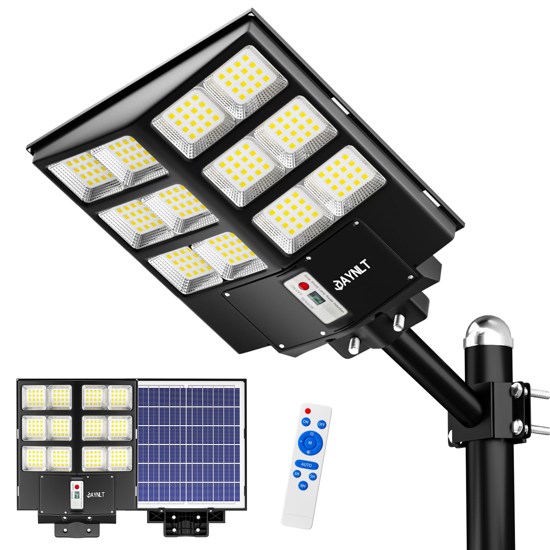 

JAYNLT Solar Street Outdoor Solar Light with Motion Three Lighting IP67 Remote Adjustable Run Time and Solar No Wiring Zero Electricity Parking Pole