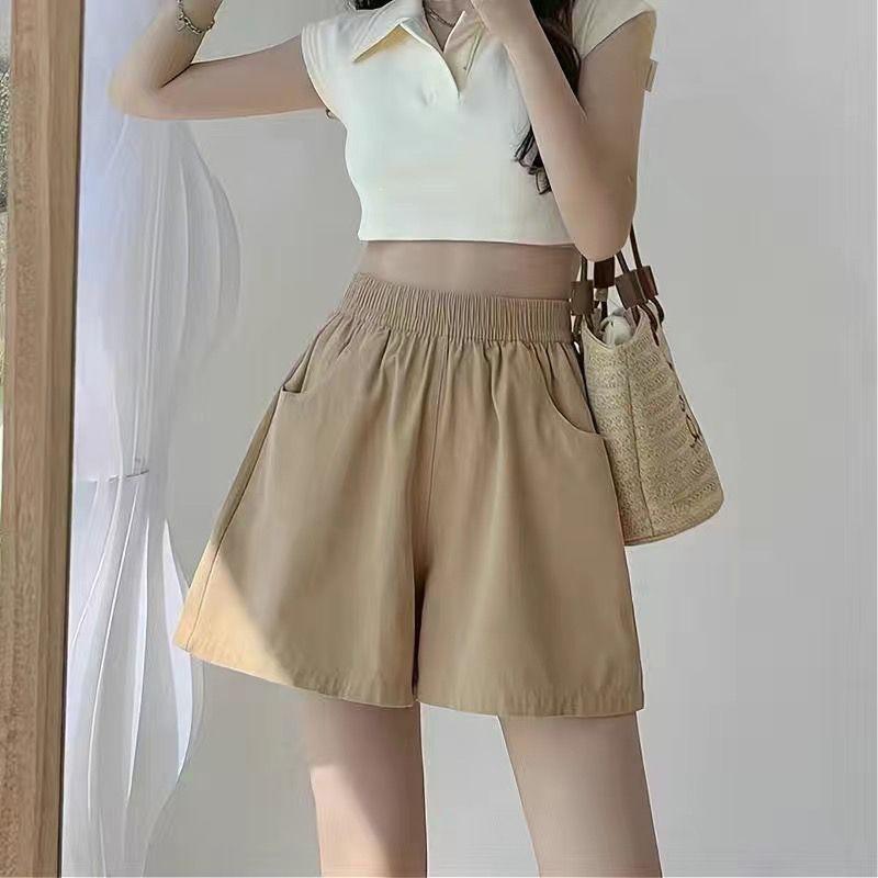 

Khaki High-Waisted Women s Wide-Leg Summer Shorts - Slimming, Casual, Korean-Style, Versatile fit. S (for 80-95 jin)