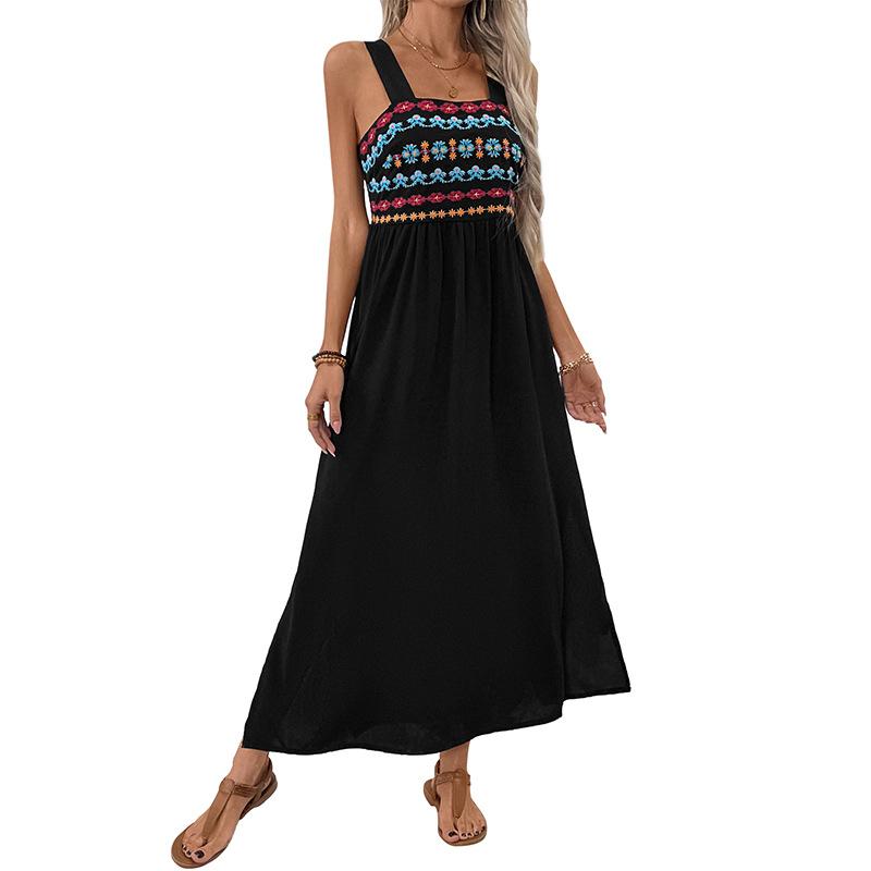 2025 new leisure vacation ethnic style flower embroidered split suspender dress