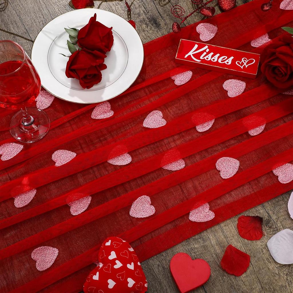Boao Embroidery Valentines Day Table Runner 30 x 118 Inch Lace Gauze Love Heart Table Decor for Wedding Party Valentines Decorations Anniversary