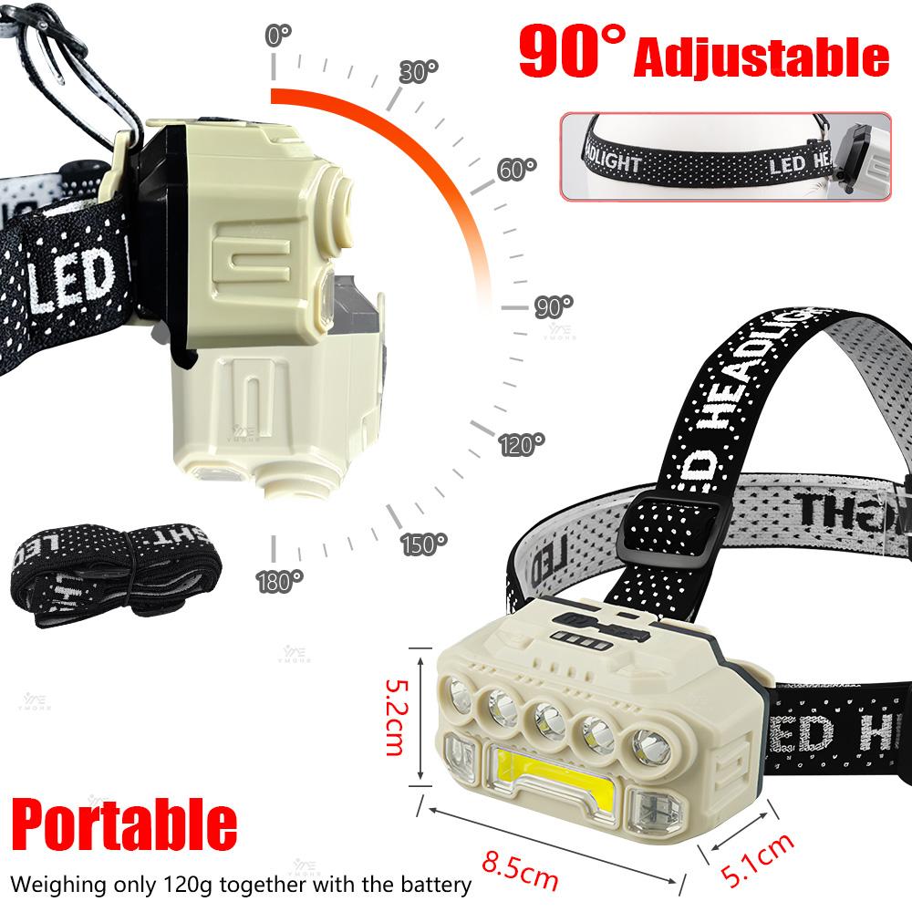 High Power LED Headlamp USB C Rechargeable Headlight 18650 Waterproof Head Lamp Cap Work Light Blue Red Flashing Emergency Light