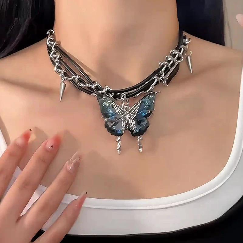 Vintage Blue Red Black Butterfly PU Choker Charms Necklace For Women Girl Gothic Y2K Aesthetic Accessories Grunge Jewelry