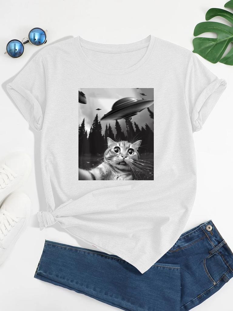 T Shirt Funny Cat UFO Print Crew Neck T-Shirt Casual Short Sleeve T-Shirt Spring Summer Women's Clothing