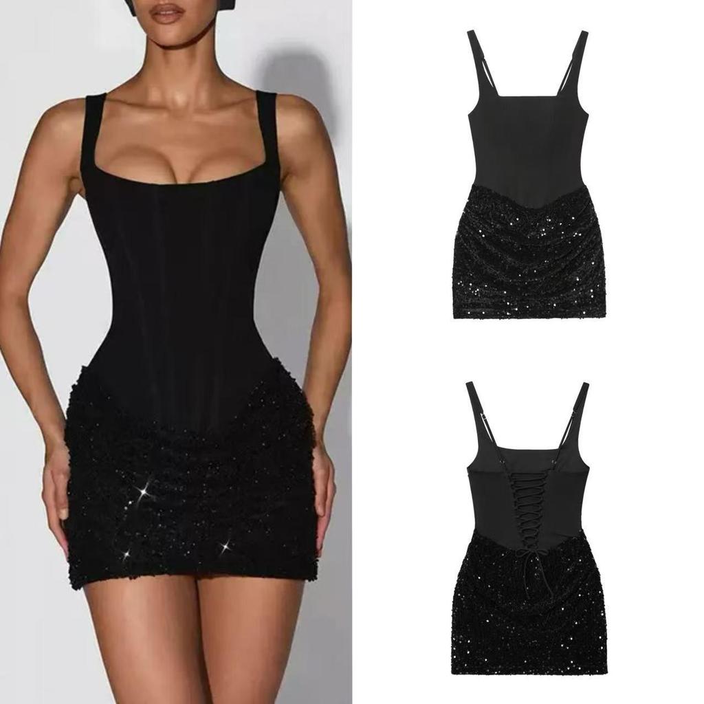 European & American Style Sequin Hip-hugging Waist-cinching Lace-up Short Skirt for Women