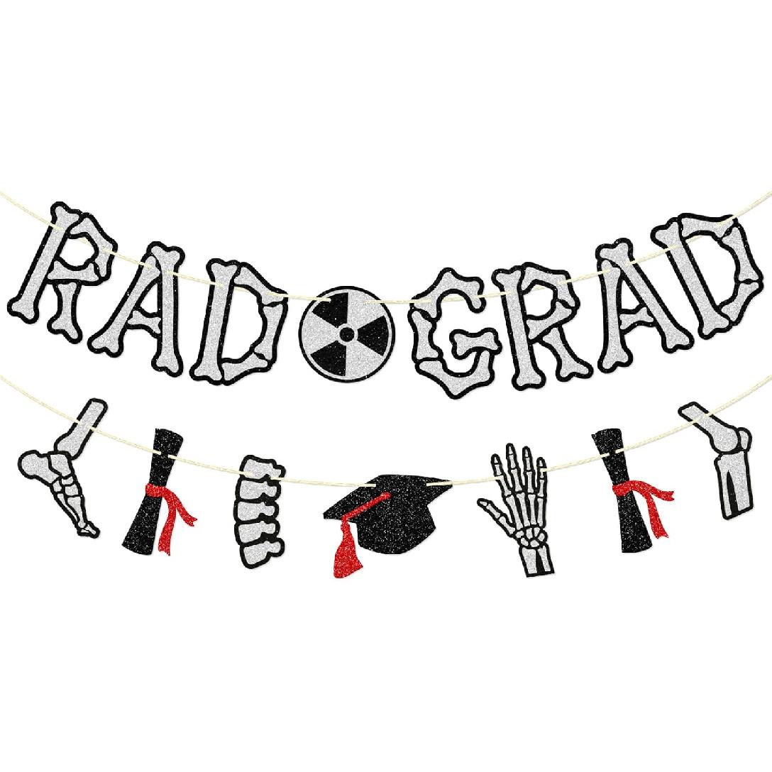 Radiology Graduation Banner, Pre-Strung Party Decor for Radiologic Technologist, X-Ray Congrats Grad Decorations with Glitter