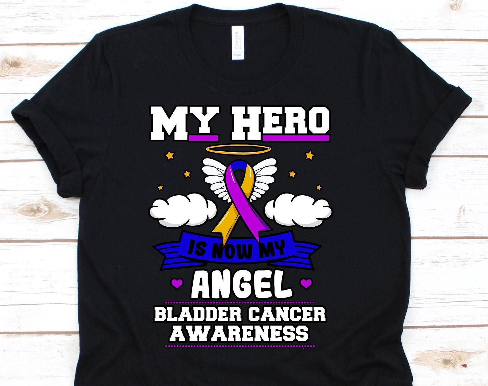 My Hero Is Now My Angel Shirt, Cancer Awareness Gift For Bladder Cancer Warrior Fighter Survivor, Bladder Cancer Ribbon Tshirt XL