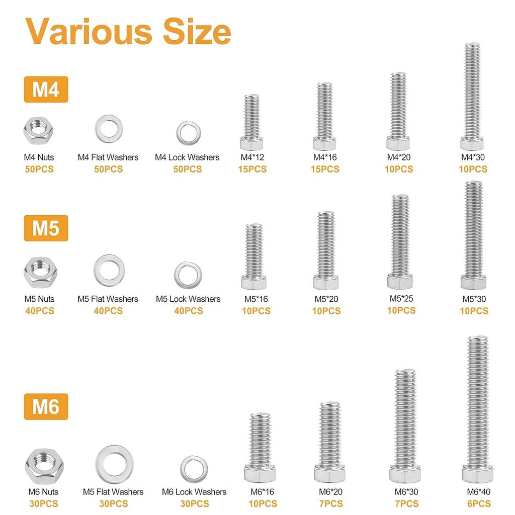 480PCS 304 Stainless Steel, 13 Metric Common Sizes Included M4 M5 M6 Bolts Nuts Assortment Kit
