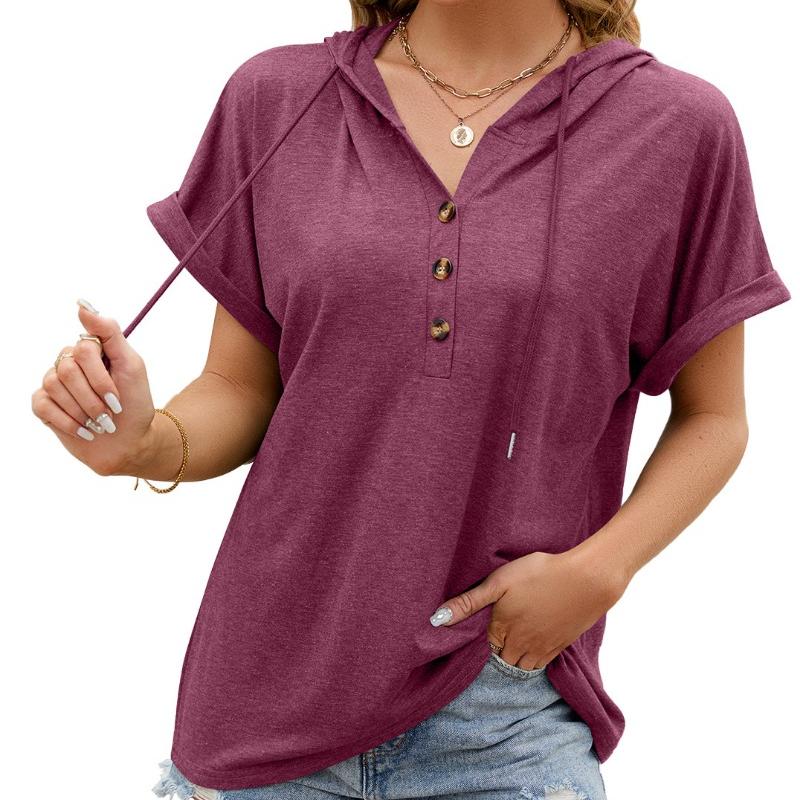 Summer New Solid Color Plus Size Casual T-shirt Women with Hooded Buttons Loose Short Sleeve T Shirt Women Fashion Elegant Lady Tee Tops 24297
