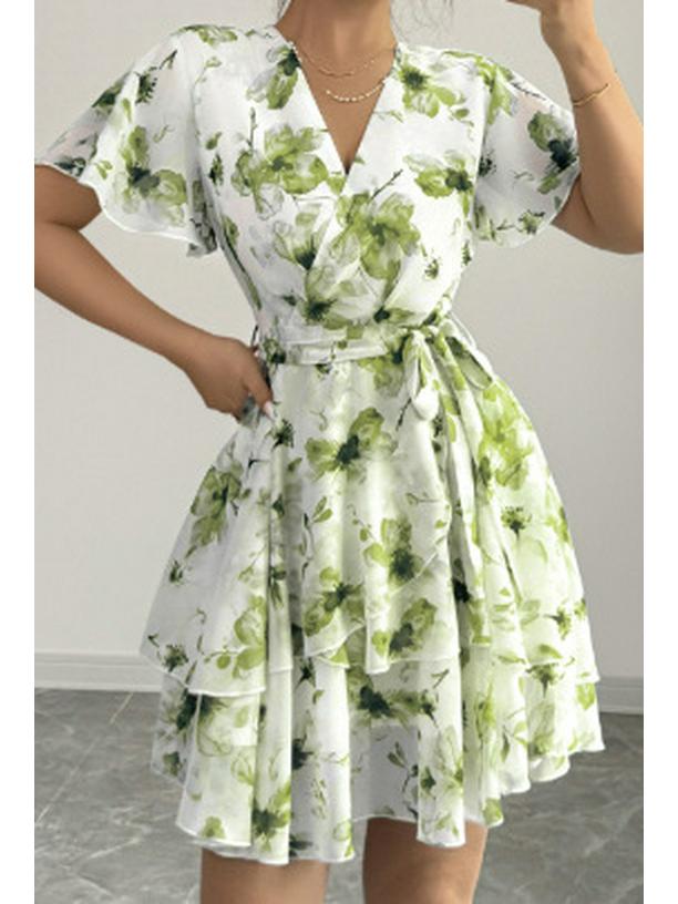 Elegant Floral Ruffled V-Neck Summer Dress - Women's Retro Holiday Style
