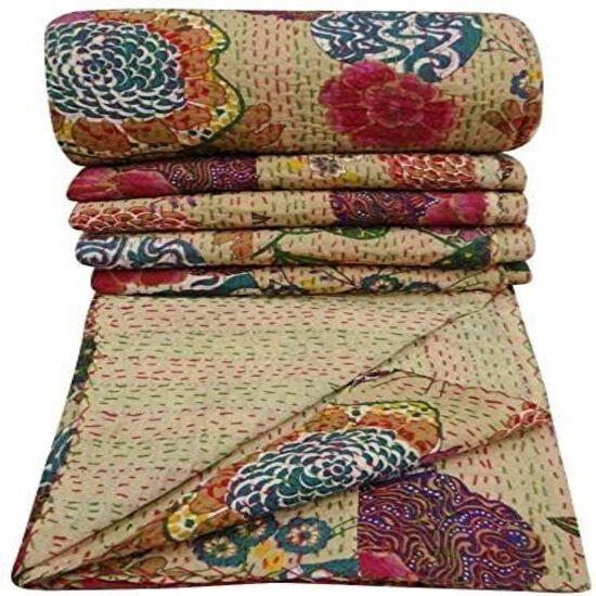 Aizza Trends Handmade Pure Cotton Printed Kantha Quilt  - Traditional Look Bed Spread Kantha Gudri - Vintage Hand Stitch Gudri