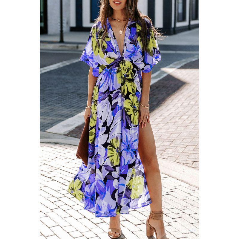 Printed Slim Dress2025 Summer European and American Women clothes New Sexy Fashion Print Split Dress