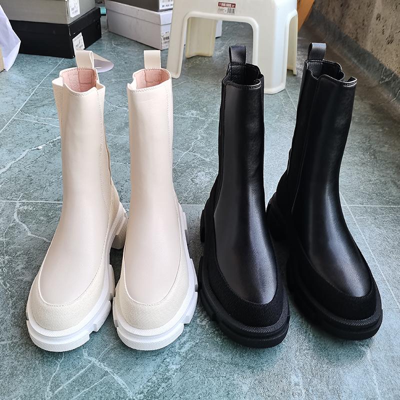 Dámské Béžová Černá Střední kozačky Jaro Podzim Přírodní kůže Hovězí kůže Šití Chelsea Boots Boty
