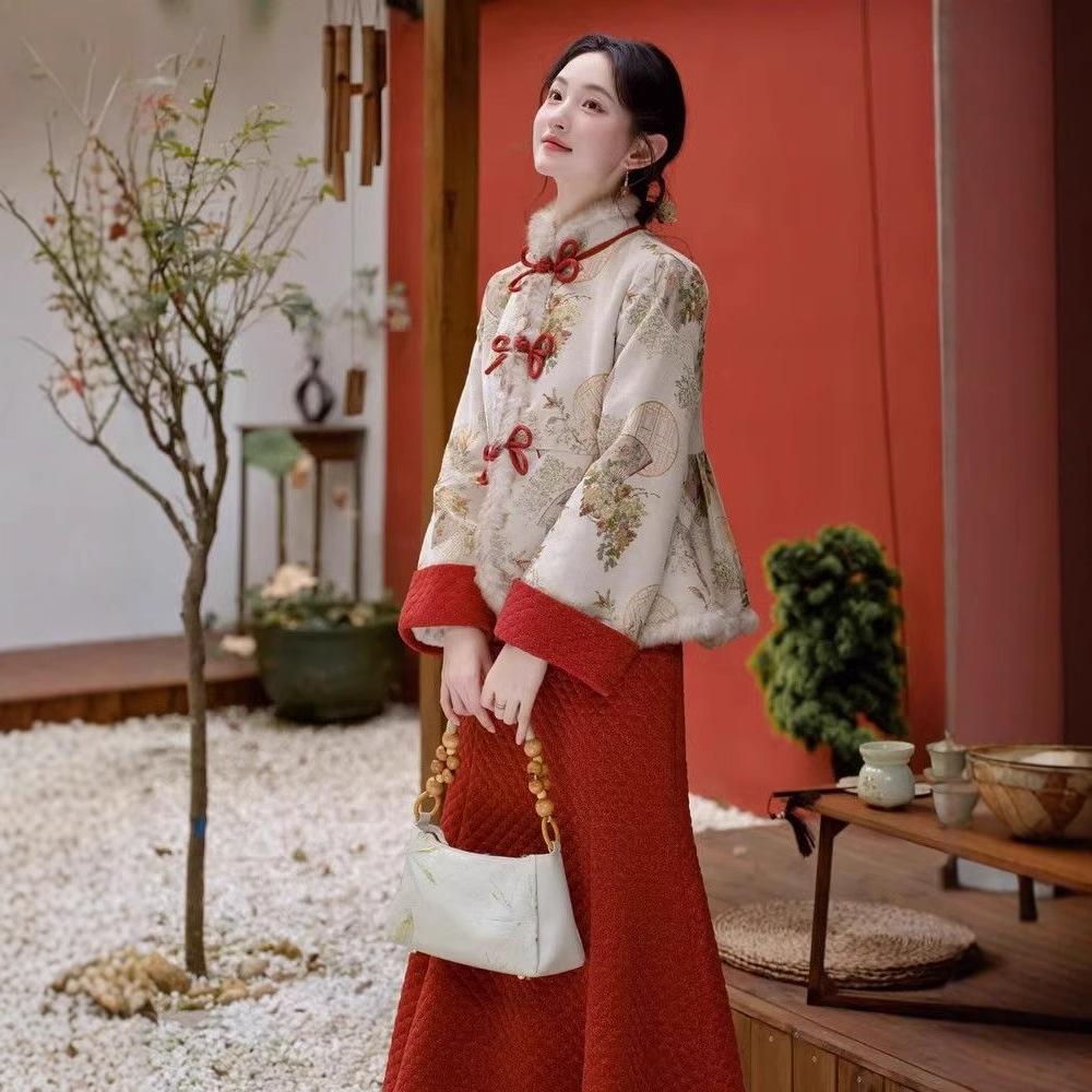 2025 New Year National Style Women's Skirt Set: High-End Autumn/Winter Cheongsam Outfit