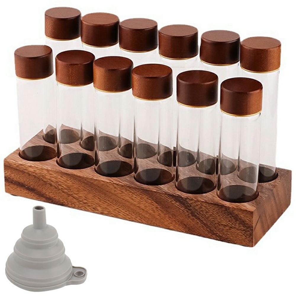 Wooden Base Coffee Bean Display Stand with 12 Clear Glass Tubes and Funnel for Cafe Bar Counter Storage