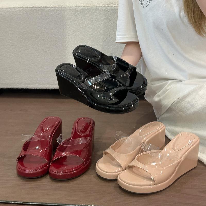 Transparent Word with Wedge Heel Sandals for Women's Summer Wear New Year's New Thick-soled Height-increasing and Thin Versatile Temperament Sandals