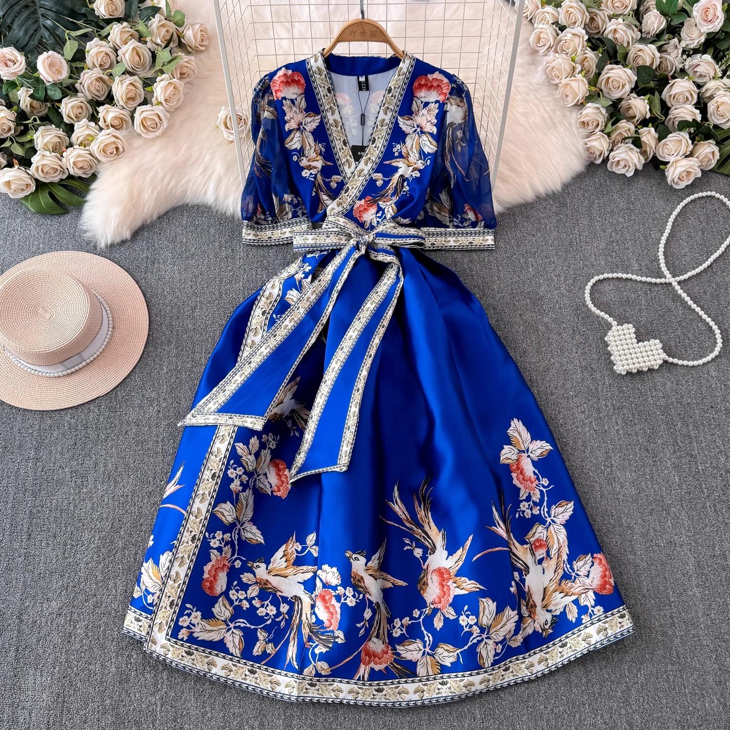 

Летнее богемное длинное платье с цветочным принтом, женское платье с v-образным вырезом и пышными рукавами, винтажное бандажное платье с принтом на шнуровке, женская одежда 1651 XXL синий