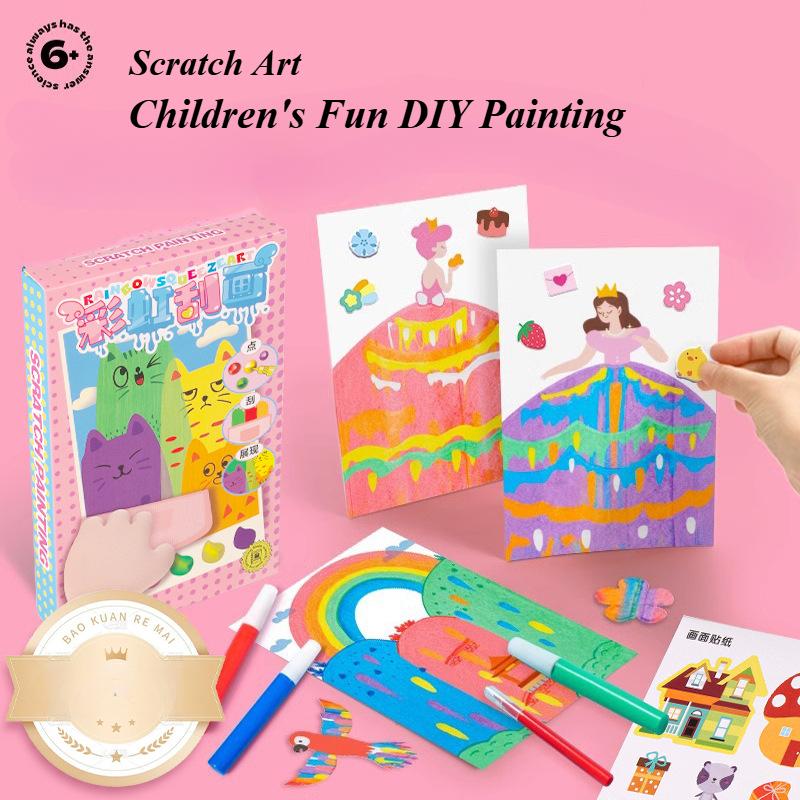 Rainbow Scratch Painting Set Color Scratch Off Pictures Children DIY Artwork Postcards Kids Boys Girls Fun Craft Drawing Toys