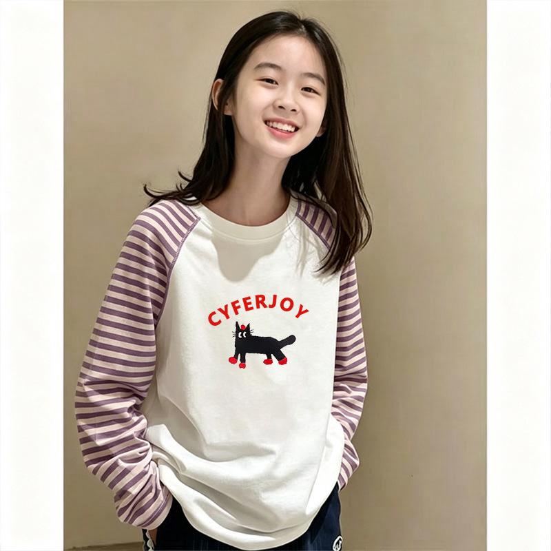 Girls' Korean Style Patchwork Striped Long-Sleeve T-Shirt—Trendy Color Block Base Layer for Spring and Autumn