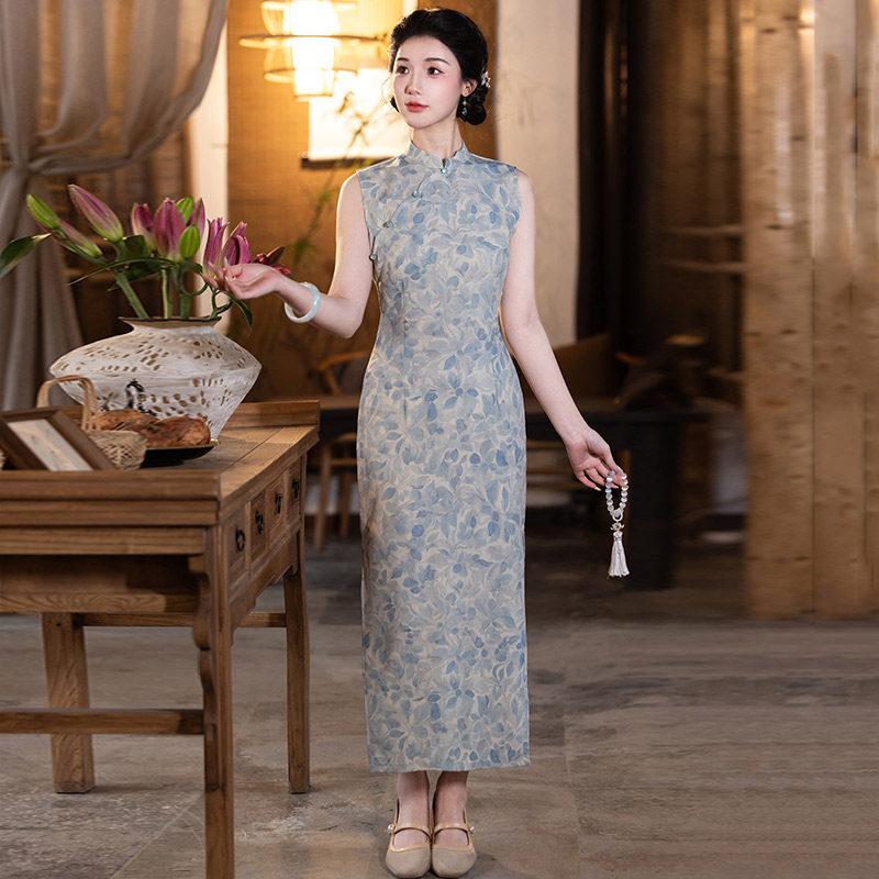 Niebieski bez rękawów styl narodowy nowy chiński codzienny Suzhou długa qipao ulepszona młoda 1011 nowa damska wysokie poczucie