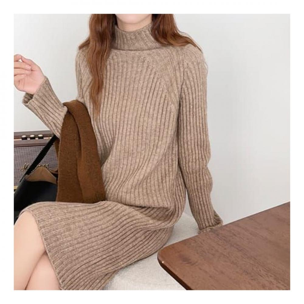 Navava Women No646 Daily Solid Ribbed Half Polo Knit Dress