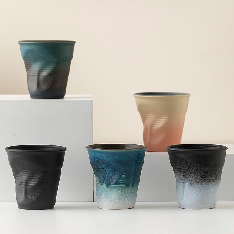 Coarse pottery espresso cup creative ceramic hand pinch pleated cup irregular origami cup retro latte cup teacup