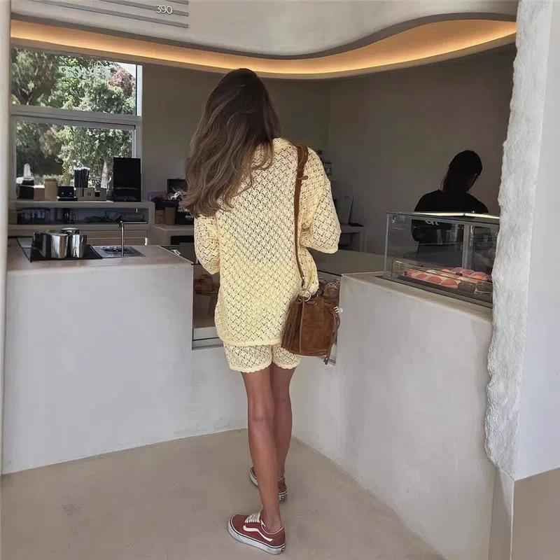 Knitted Crocheted Suit Skirt Multicolor Cardigan Buckle Skirt All-match Suit Beach Bikini Blouse Summer
