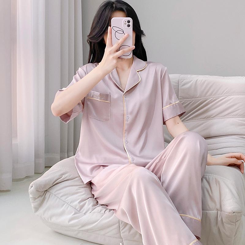 Women's 2025 Ice Silk Pajamas: Summer Thin, Loose Fit, Short Sleeve & Long Pants Set for Spring/Autumn
