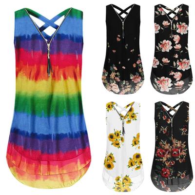 Moda damska Casual Lato 2022 Bluzka z dekoltem w kształcie litery V, bez rękawów, z zamkiem błyskawicznym i nadrukiem