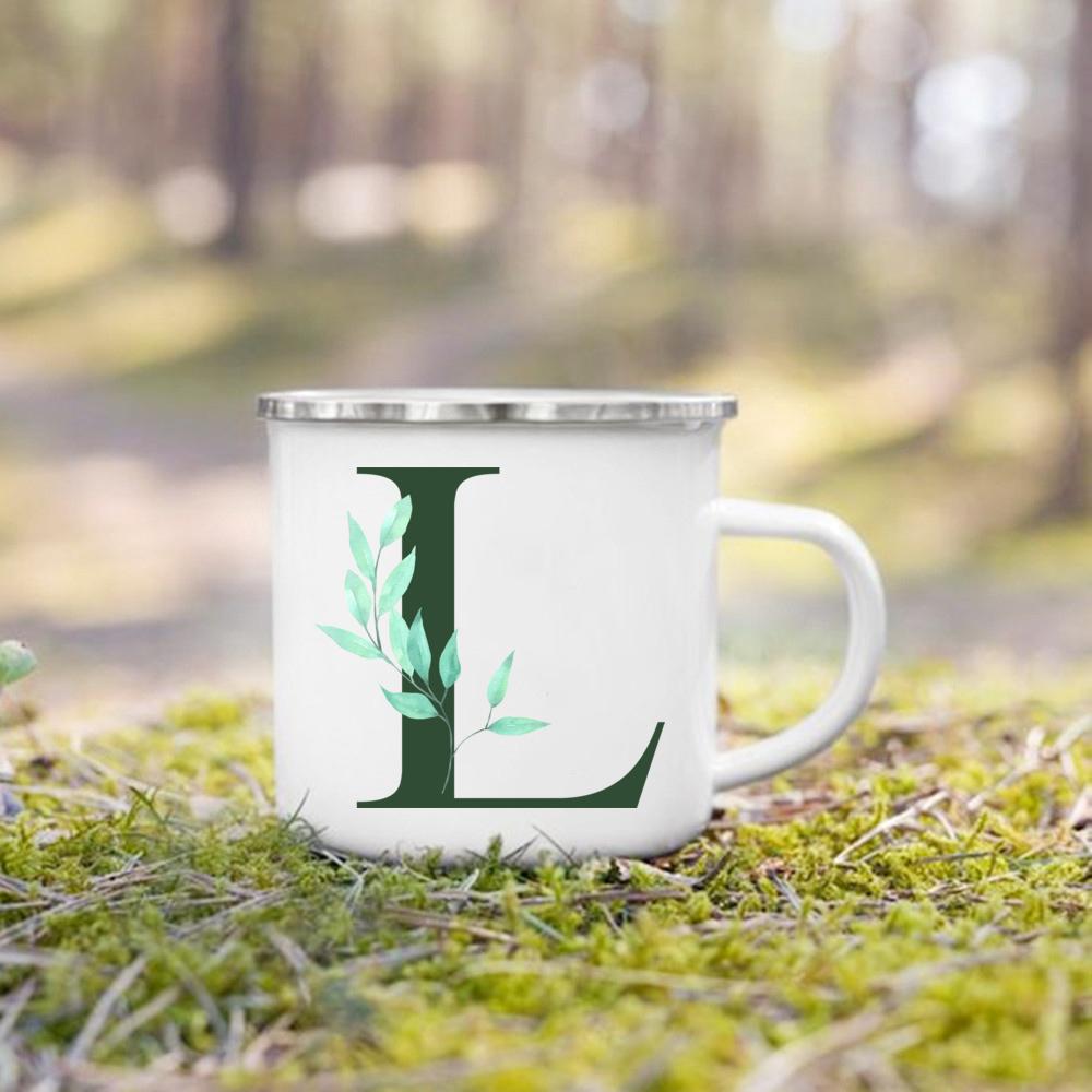 Emaille-Tasse mit Henkel, Aquarell, grünes Blatt mit Alphabet, Tasse, personalisierte Geschenke, Kaffee-Reisebecher, Bierbecher für Kaffee- und Teetassen