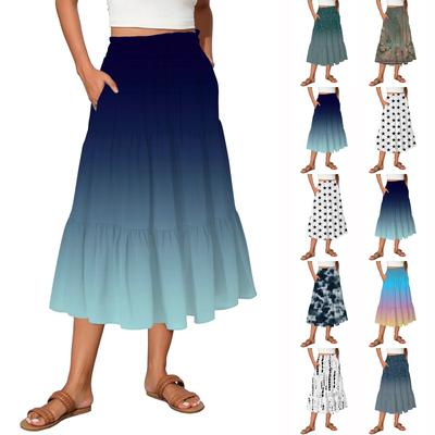 Women's Vintage Gradient Print Flowy Flared Ruffle A-Line Maxi Skirt