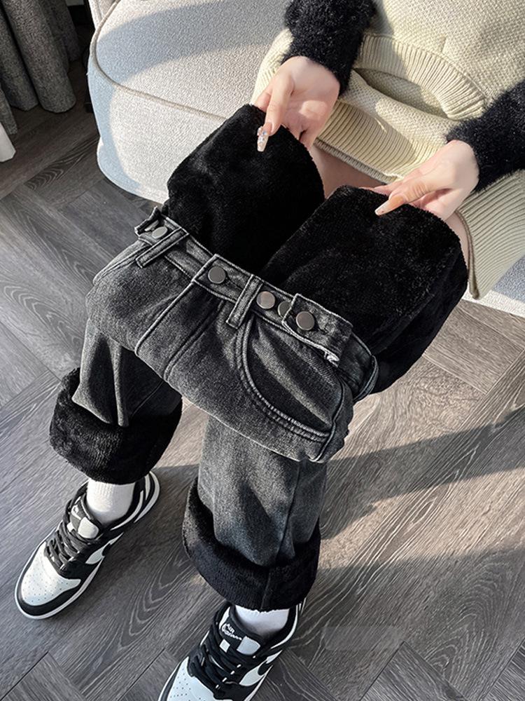 Women's 2023 Winter High-Waist Wide-Leg Jeans: Warm, Thick, Straight-Leg, Slimming Velvet Trousers.