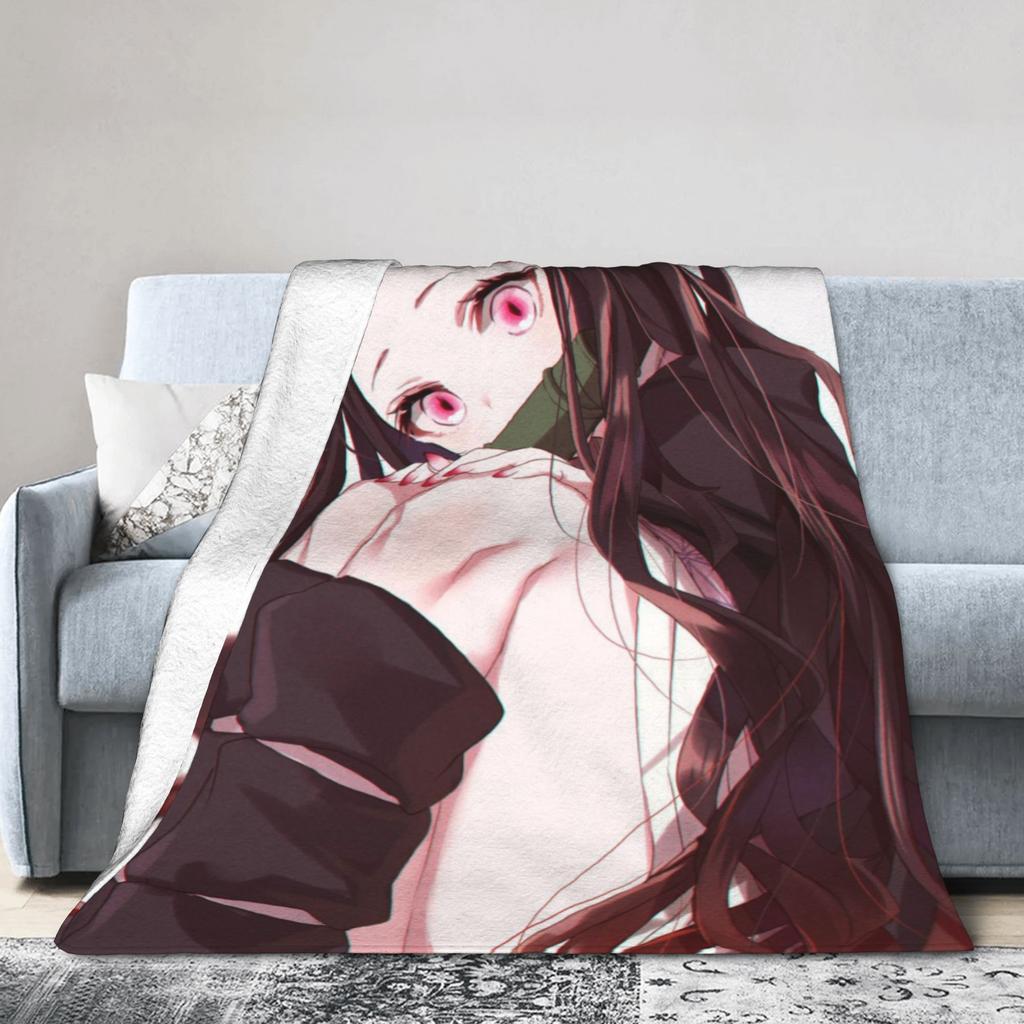 Kimetsu No Yaiba Kamado Nezuko Decken Anime Fleece Lustige Atmungsaktive Überwurfdecken für Bettwäsche Wohnzimmer Frühling Herbst