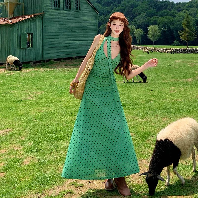 French polka dot streamer neck dress women's summer temperament green skirt waist hip skirt vacation dress