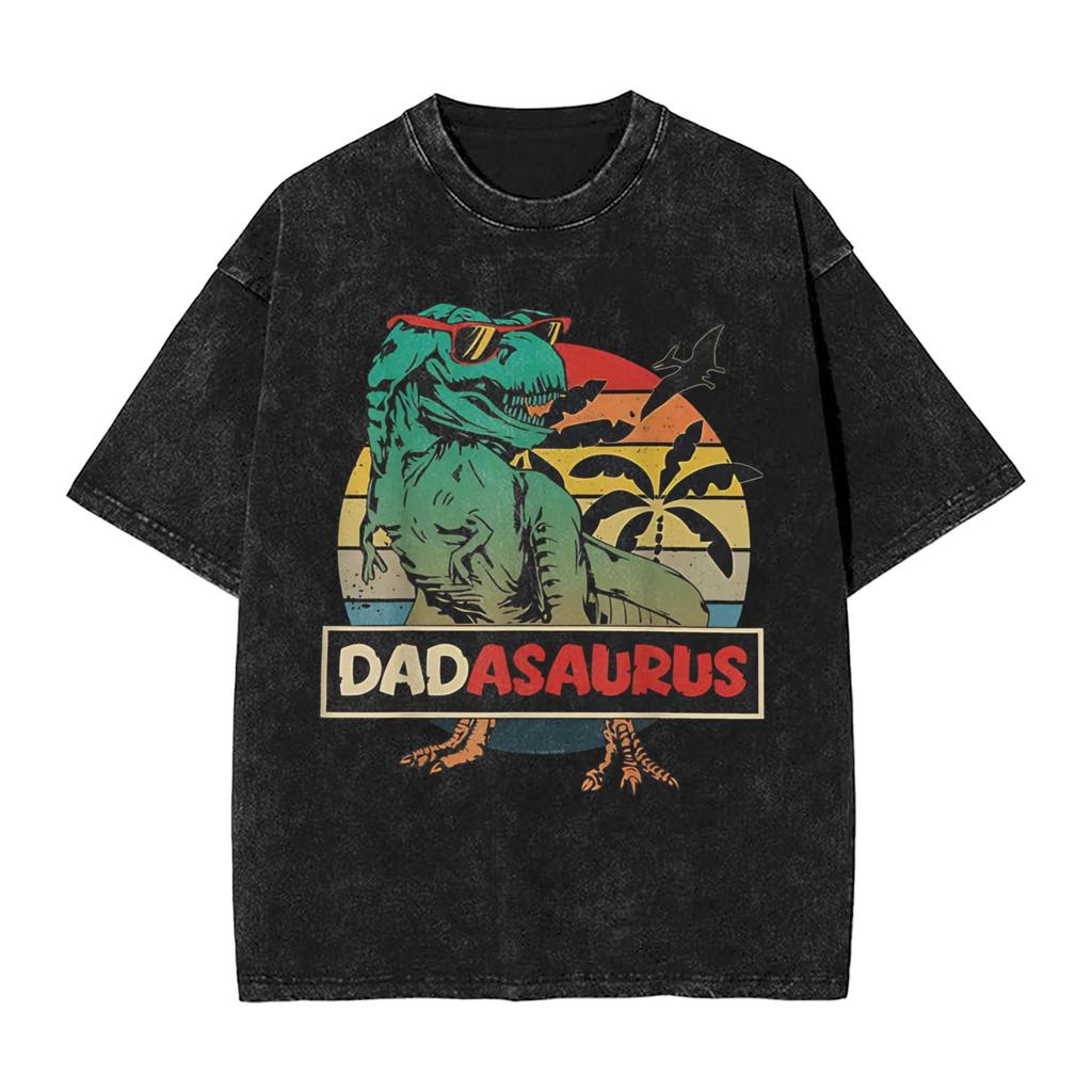 Papasaurus Washed TShirt Mens Vintage Casual TShirts Summer Crew Neck Novelty Tee Shirt Simple Oversized Clothing