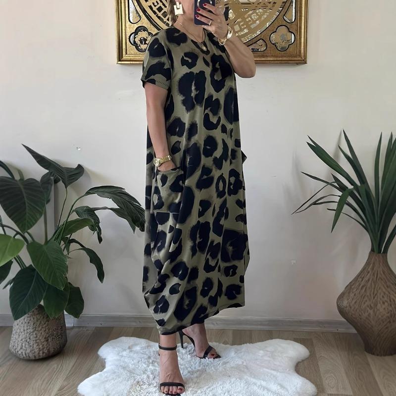 DAFIFY Women's Fashion Summer Spring Leopard Print Short Sleeve O-Neck Loose Waistline Casual Dresses