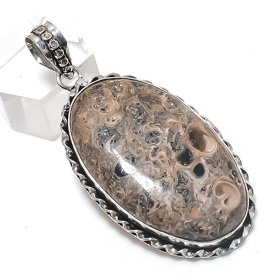Turritella Fossil Gemstone 925 Sterling Silver Jewelry Pendant 2.25"