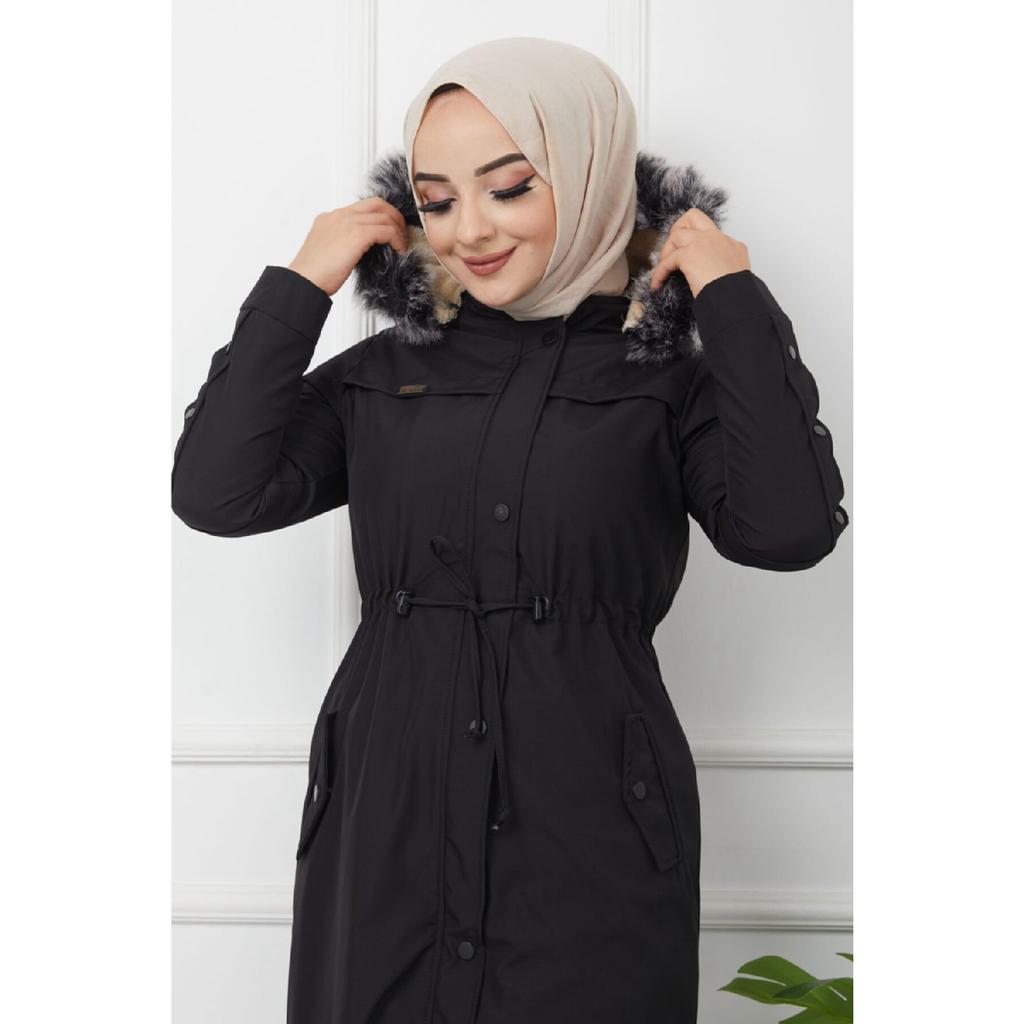 Palton lung de iarnă căptușit cu blană neagră Water Prof