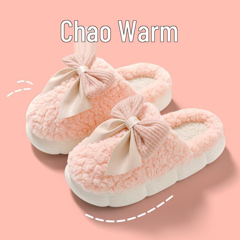 Women's Winter Fleece-Lined Fluffy Bow Slippers - Cozy, Thick-Soled Home Footwear