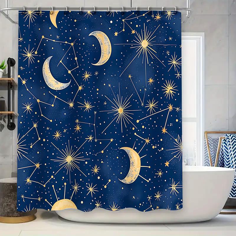 

Blue Constellation Shower Curtain Set For Bathroom Decor Moon Stars Pattern, Water-Resistant Fabric Shower Curtains With Rings ( W60H190(CM)-1 Pcs